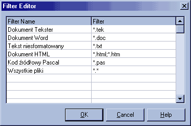 Okno z tabelą rozszerzeń (filtrów) w Delphi.